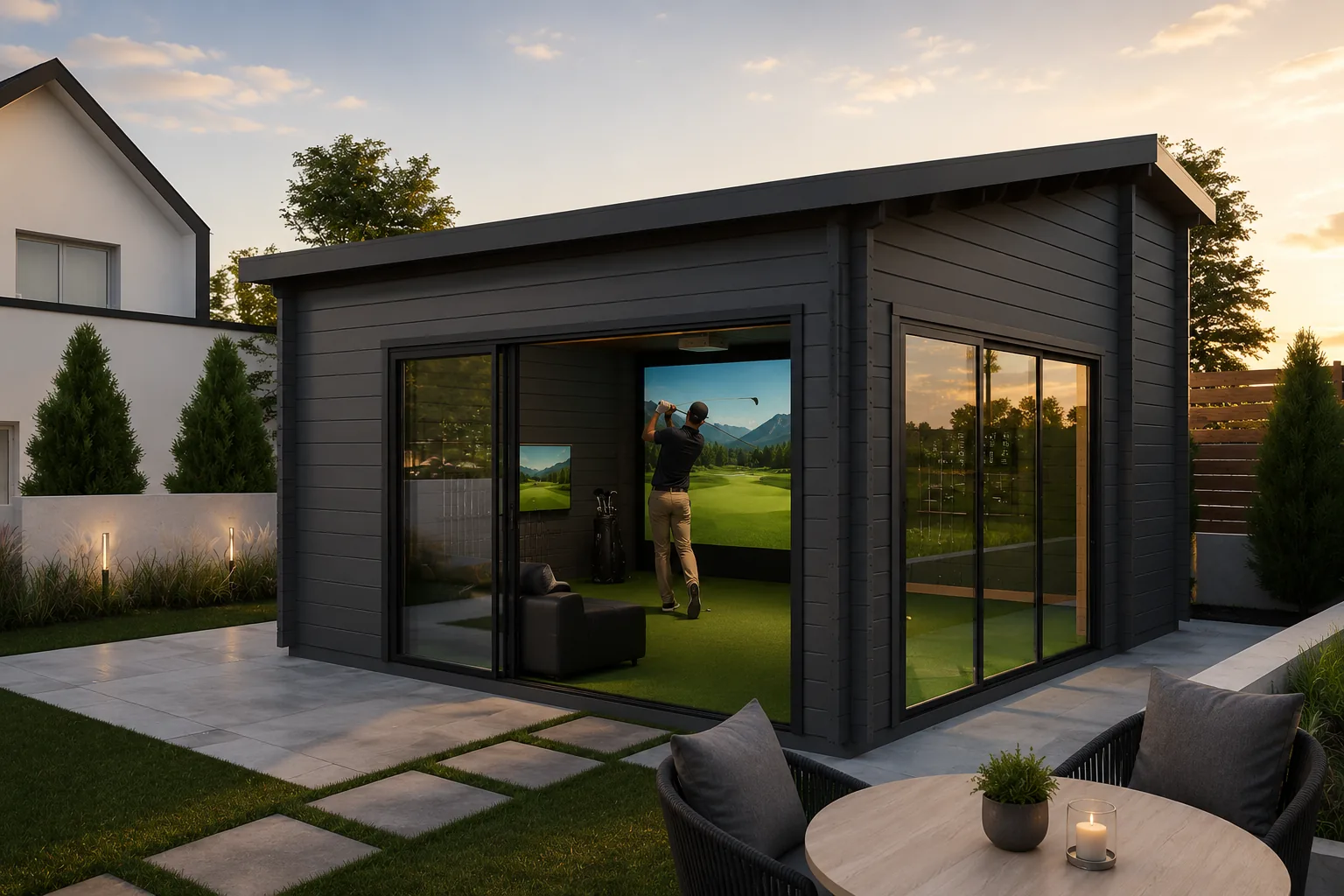 Golf Studio de madera instalado en un jardín, con puertas correderas de cristal y un simulador de golf en funcionamiento